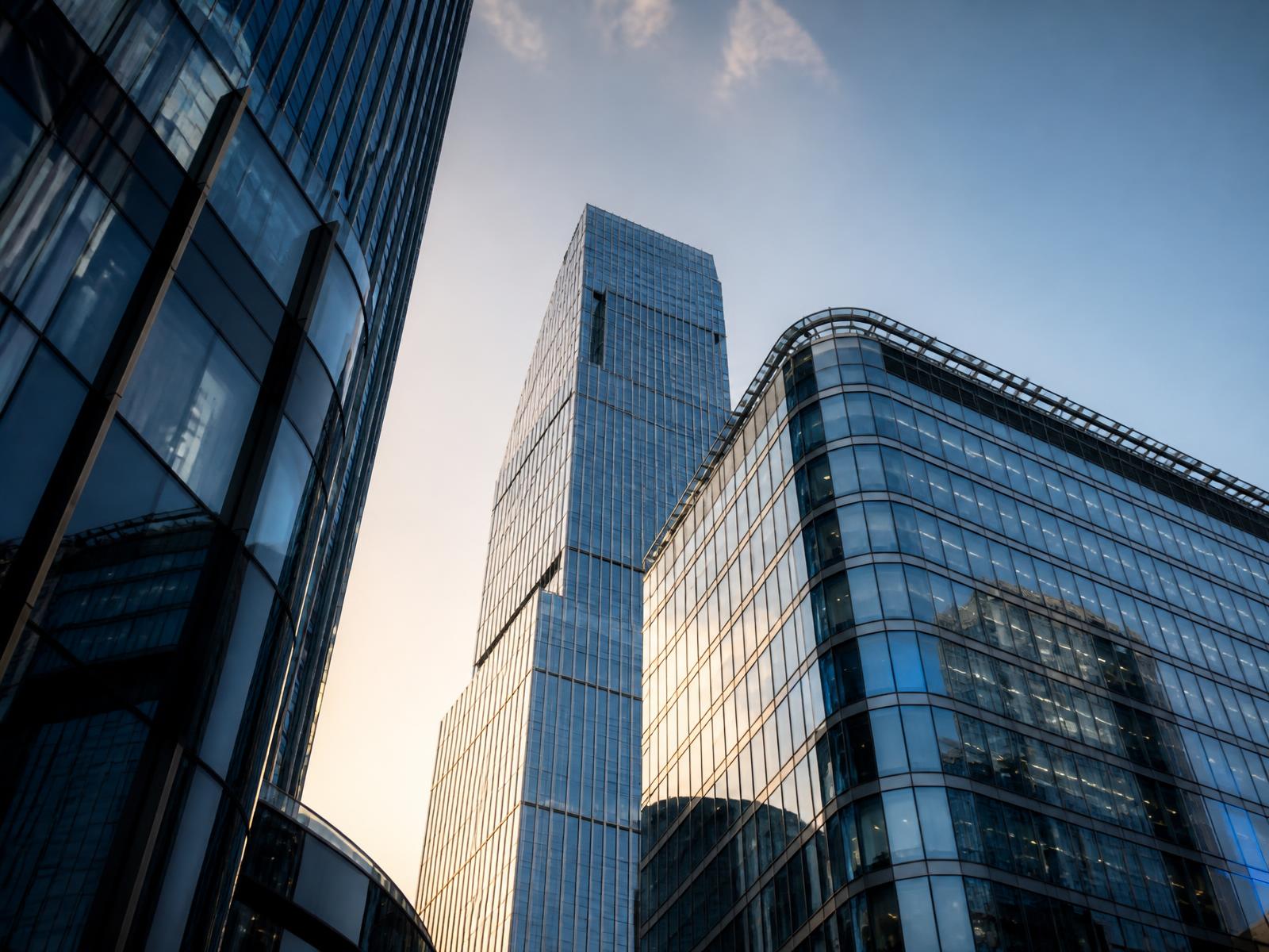 Modern international business district with glass corporate towers