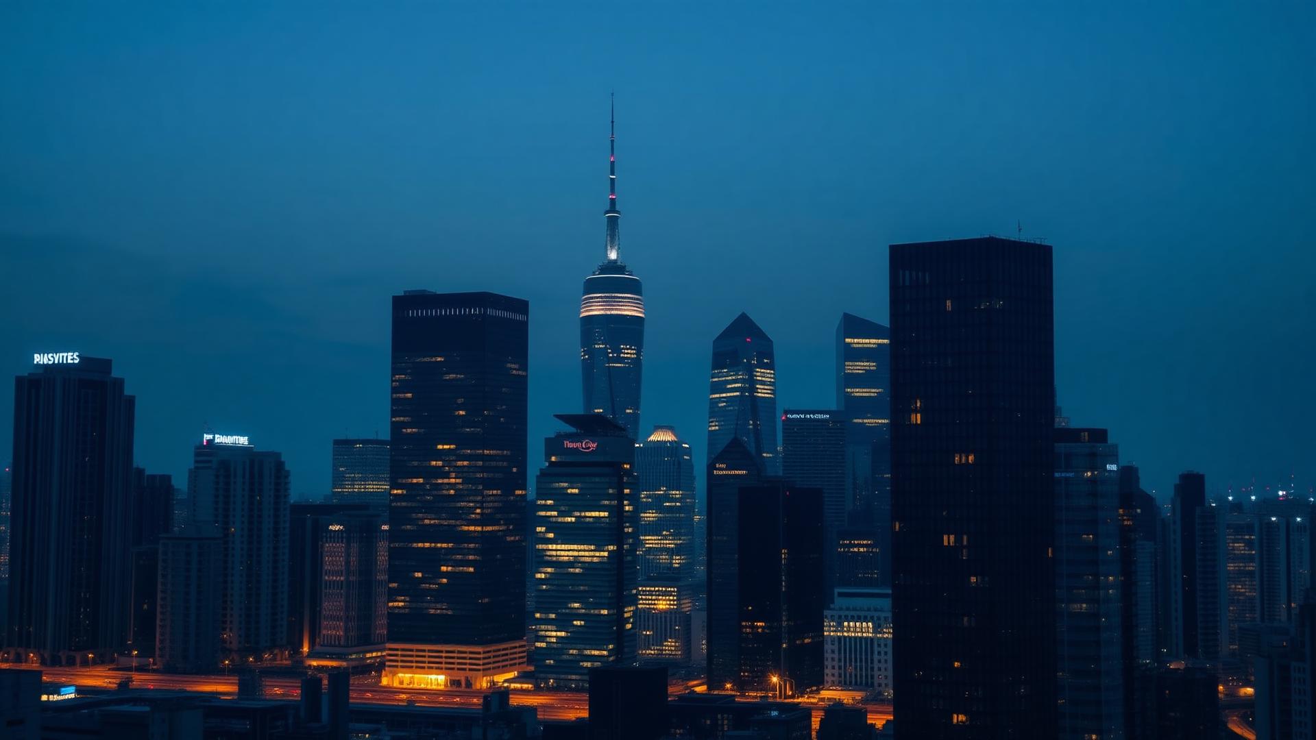 International financial district skyline at dusk