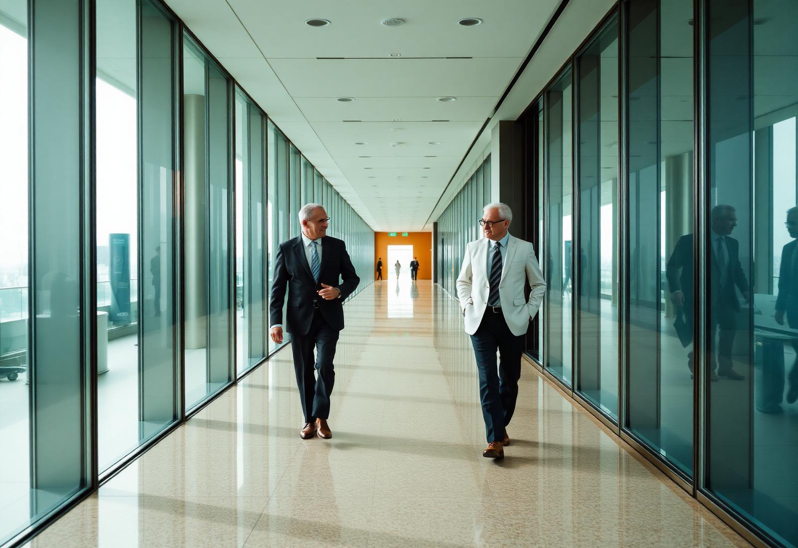 Two senior advisors walking through a modern corporate corridor
