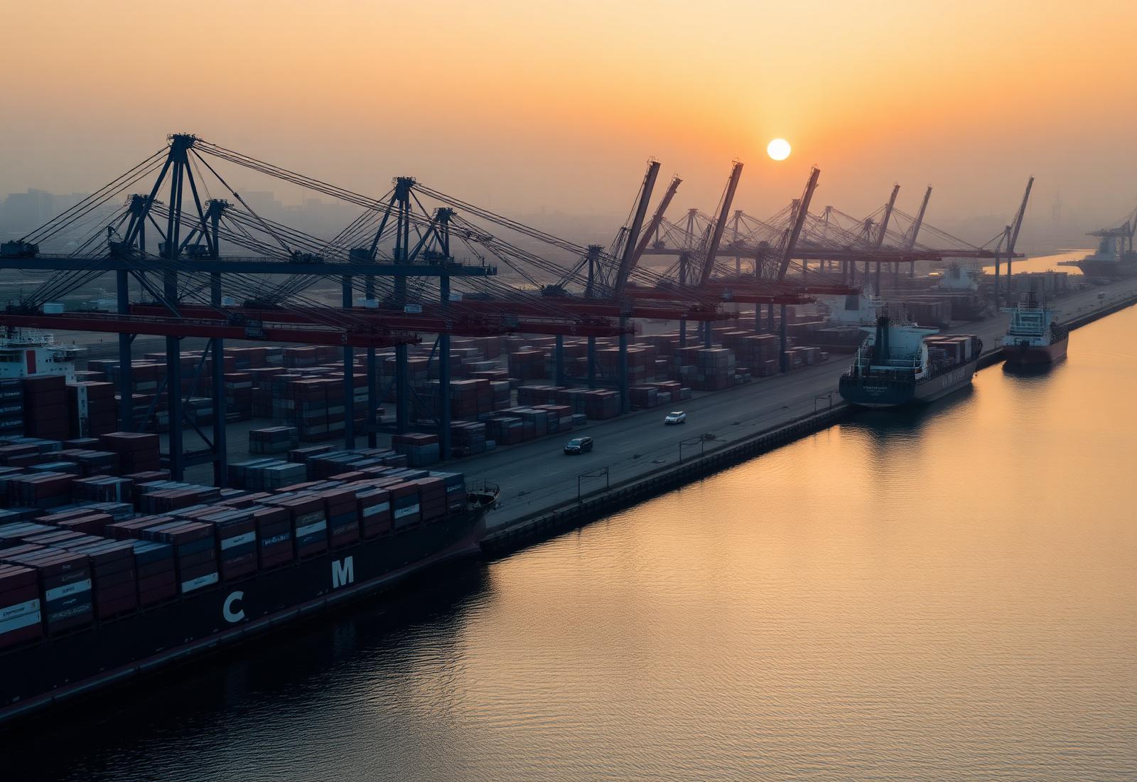 Container port and international trade terminal at sunrise
